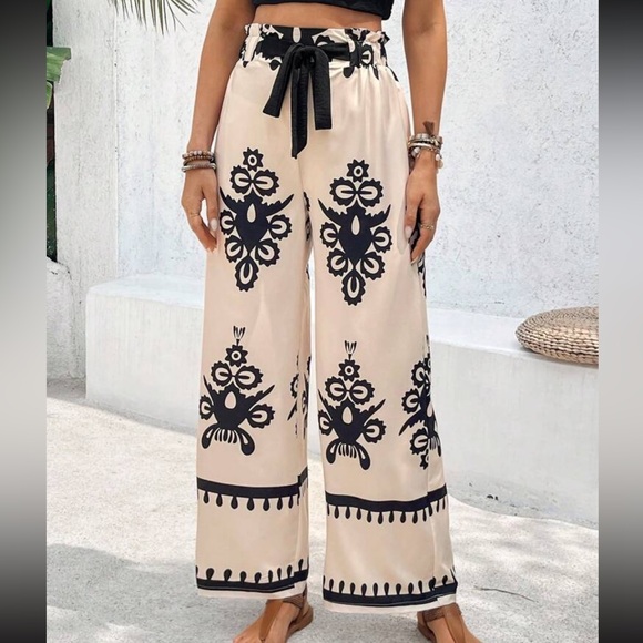 Boho Paisley Print Wide Legs Stretchy Waist Pants - Picture 7 of 8